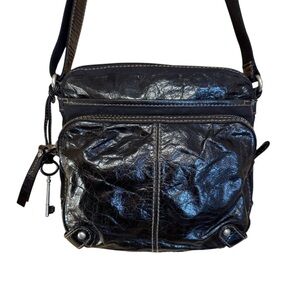 Fossil Women Black Leather And Canvas Crossbody Shoulder Bag Adjustable Strap